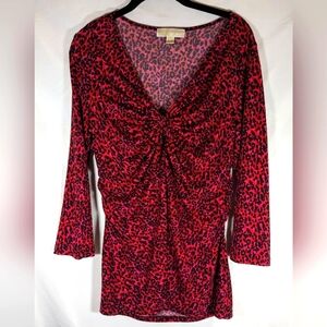 Michael Michael Kors Ruched V-Neck Red & Black Cat Print Blouse Size Small